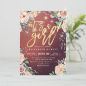 Invitation Baby shower Élégant Floral String Lumières Bourgog (Debout devant)