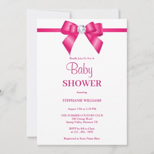 Invitation Baby shower élégant Hot Pink Jewel Bow (Devant)