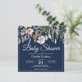 Invitation Baby shower Elégant Marine Fleur sauvage Bleu Flor (Debout devant)