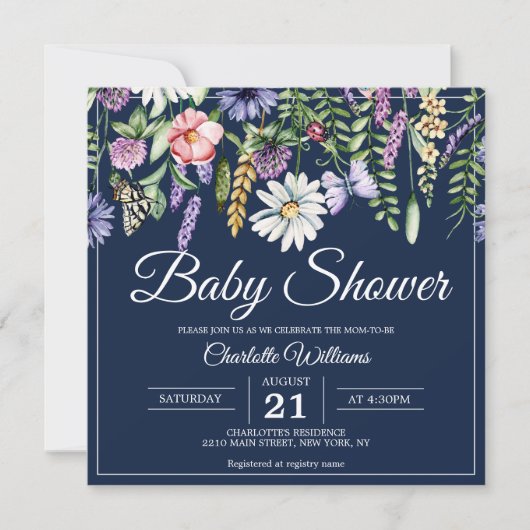 Invitation Baby shower Elégant Marine Fleur sauvage Bleu Flor (Devant)