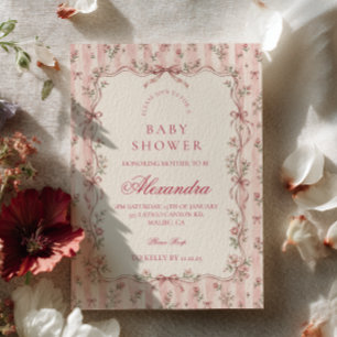 Invitation Baby Shower Élégant Nœud Rose Pâle Aquarelle