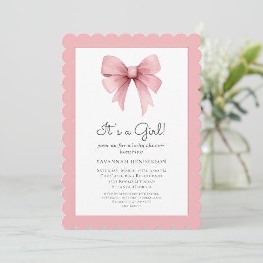 Invitation Baby shower Elegant Pink Bow (Debout devant)