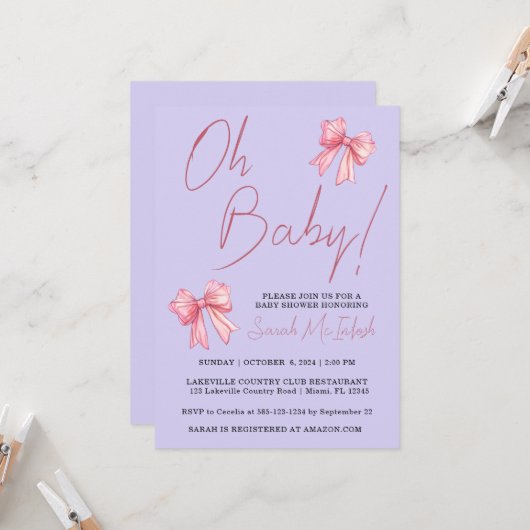 Invitation Baby shower Elegant Pink Bow (Devant/Arrière en situation)