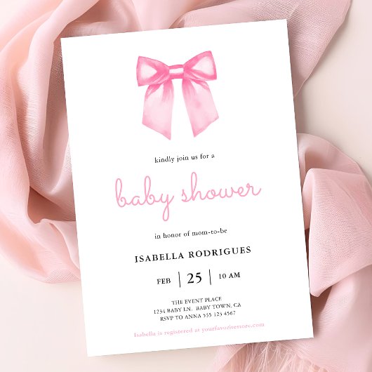 Invitation Baby shower Elegant Rose Aquarelle Bow