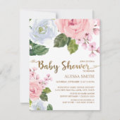 Invitation Baby Shower élégant rose blanc floral roses script (Devant)