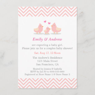 Invitation Baby Shower Élégant Rose Chevron et Oiseau Mignon