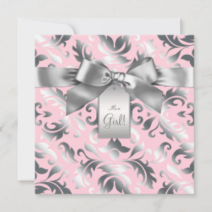 Invitation Baby Shower élégant rose et gris damassé