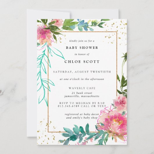 Invitation Baby shower élégant rose floral et or (Devant)