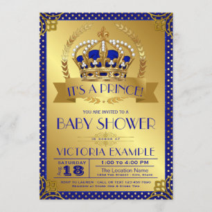 Invitation Baby Shower Élégant Royal Bleu et Or Prince