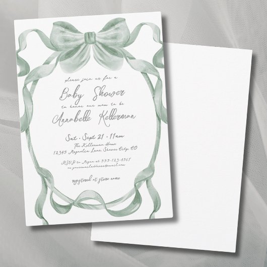 Invitation Baby shower élégant Sage Green Bow