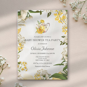 Invitation Baby Shower élégant sur le thème floral jaune vert