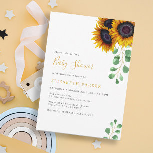 Invitation Baby shower élégant tournesol eucalyptus