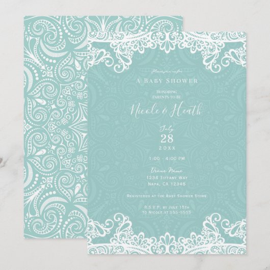 Invitation Baby Shower Élégant Turquoise et Blanc en Dentelle (Devant / Derrière)