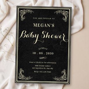 Invitation Baby-shower élégant vintage noir classique