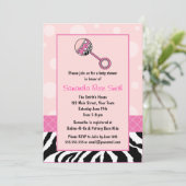 Invitation Baby shower élégante rose et zèbre (Debout devant)