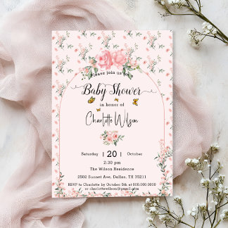 Invitation Baby Shower Élégantes Roses Roses avec Papillons
