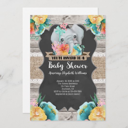 Invitation Baby shower éléphant (Devant / Derrière)