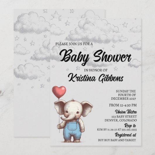 Invitation Baby shower éléphant (Devant / Derrière)