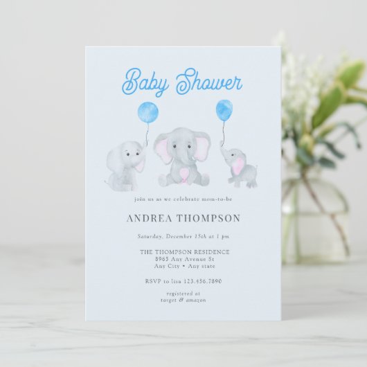 Invitation Baby shower éléphant (Debout devant)