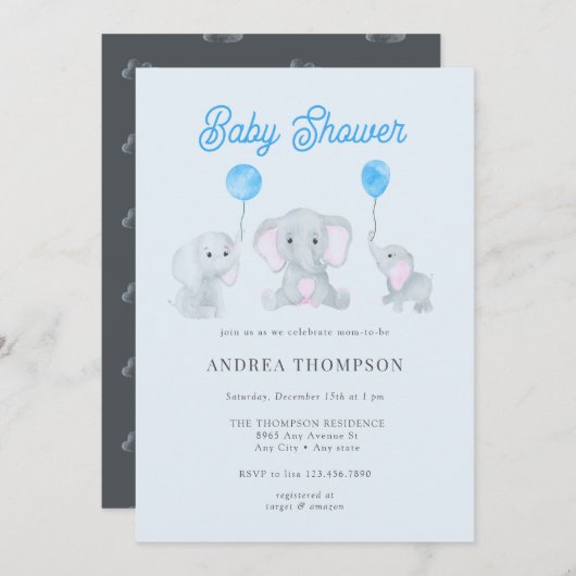 Invitation Baby shower éléphant (Devant / Derrière)