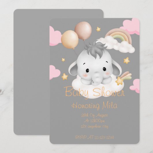 INVITATION BABY SHOWER ÉLÉPHANT (Devant / Derrière)