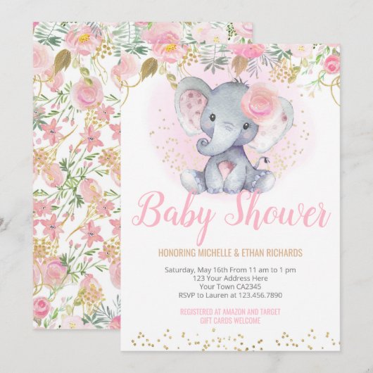 Invitation Baby shower éléphant (Devant / Derrière)