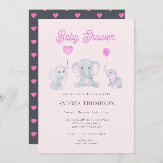 Invitation Baby shower éléphant (Devant / Derrière)