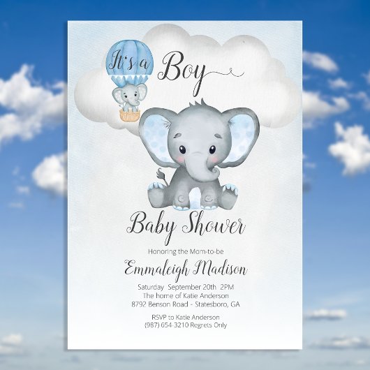 Invitation Baby shower éléphant à air chaud ballon garçon | B