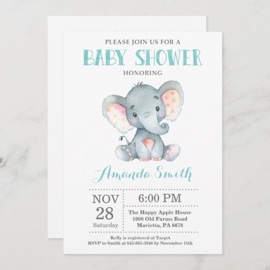 Invitation Baby shower éléphant Aqua et Grey (Devant / Derrière)