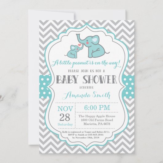 Invitation Baby shower éléphant Aqua et Grey (Devant)