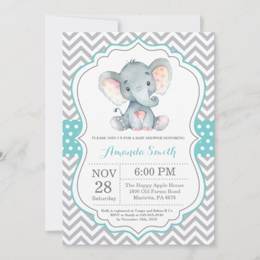 Invitation Baby shower éléphant Aqua et Grey (Devant)