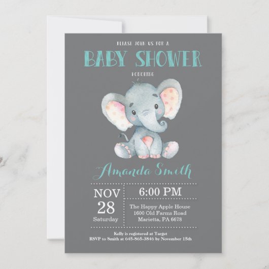 Invitation Baby shower éléphant Aqua et Grey (Devant)