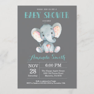 Invitation Baby shower éléphant Aqua et Grey