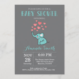 Invitation Baby shower éléphant Aqua et Grey Boy