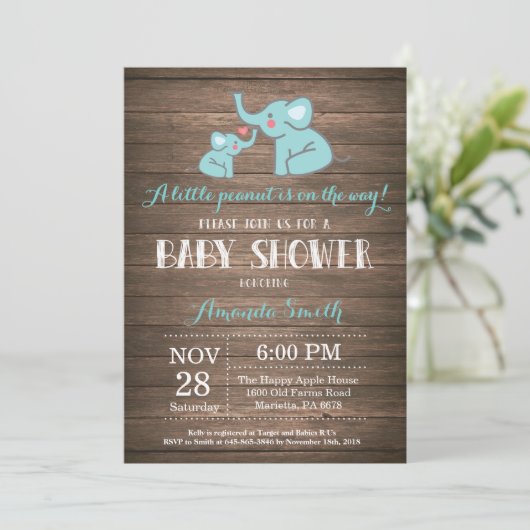 Invitation Baby shower éléphant Aqua Rustic (Debout devant)