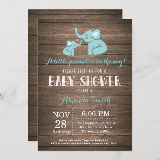 Invitation Baby shower éléphant Aqua Rustic (Devant / Derrière)