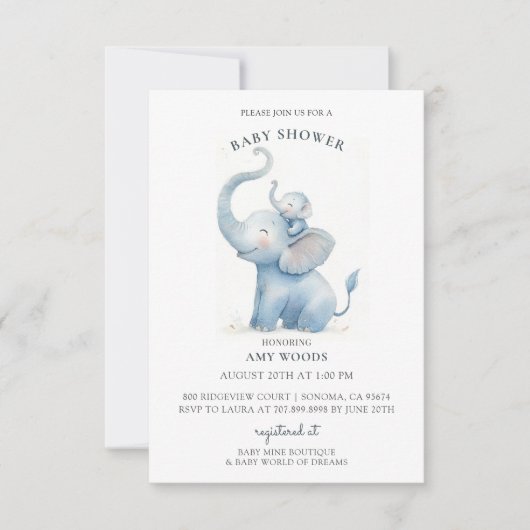 Invitation Baby shower Eléphant Aquarelle Cute (Devant)