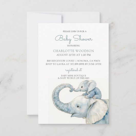 Invitation Baby shower Eléphant Aquarelle Cute (Devant)