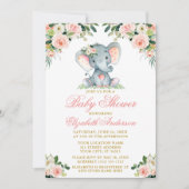 Invitation Baby shower Eléphant Aquarelle rose Floral Or (Devant)