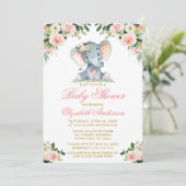 Invitation Baby shower Eléphant Aquarelle rose Floral Or (Debout devant)