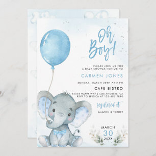Invitation Baby shower éléphant avec Ballons Bleu