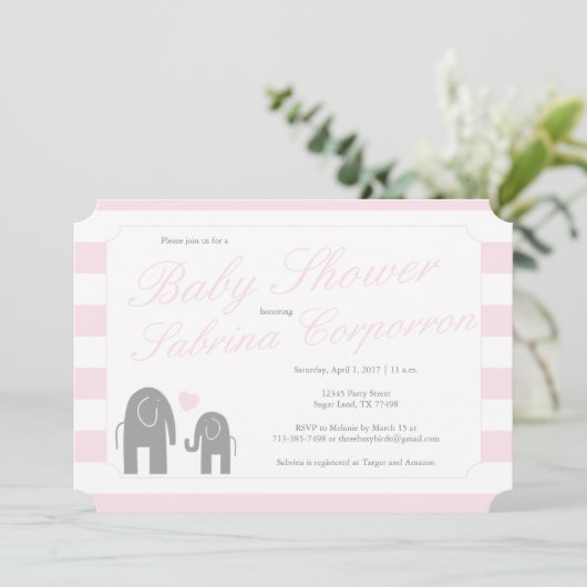 Invitation Baby shower éléphant avec bandes - rose clair (Debout devant)