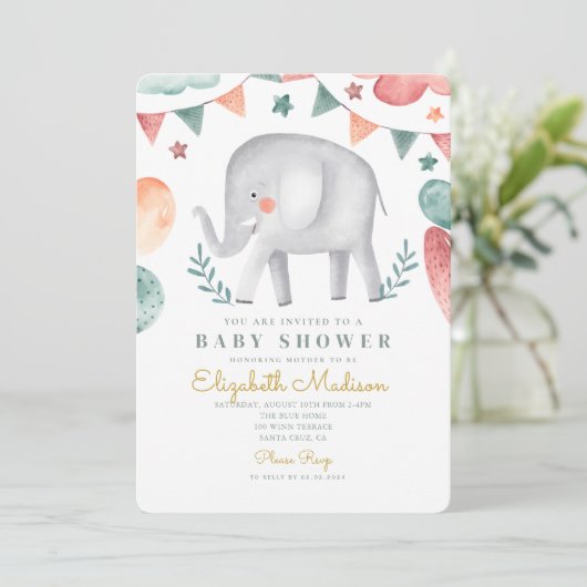 Invitation Baby shower Eléphant Baloons mignons (Debout devant)