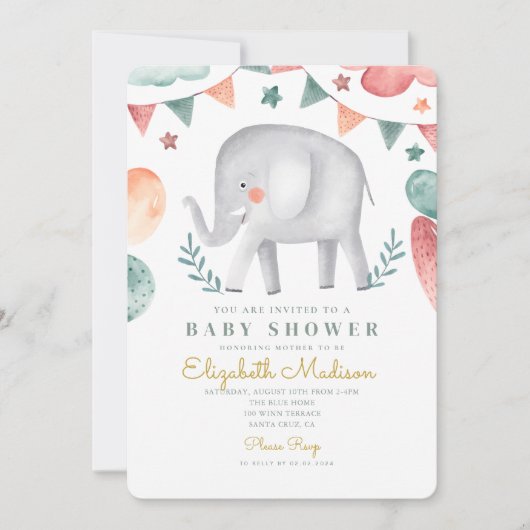 Invitation Baby shower Eléphant Baloons mignons (Devant)