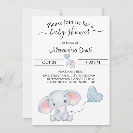 Invitation Baby shower éléphant bébé (Devant)