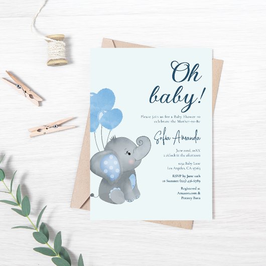 Invitation Baby shower Eléphant Bébé bleu mou