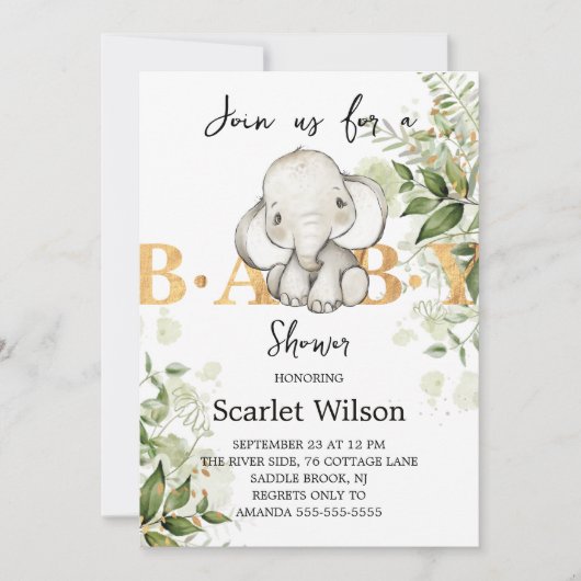 Invitation Baby shower Eléphant Bébé Cute Eucalipt (Devant)