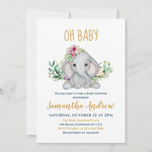Invitation Baby shower Eléphant bébé et fleurs (Devant)