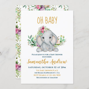 Invitation Baby shower Eléphant bébé et fleurs
