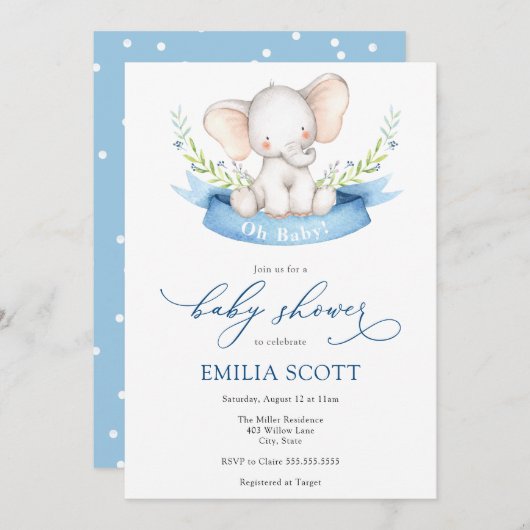 Invitation Baby shower éléphant bébé garçon (Devant / Derrière)